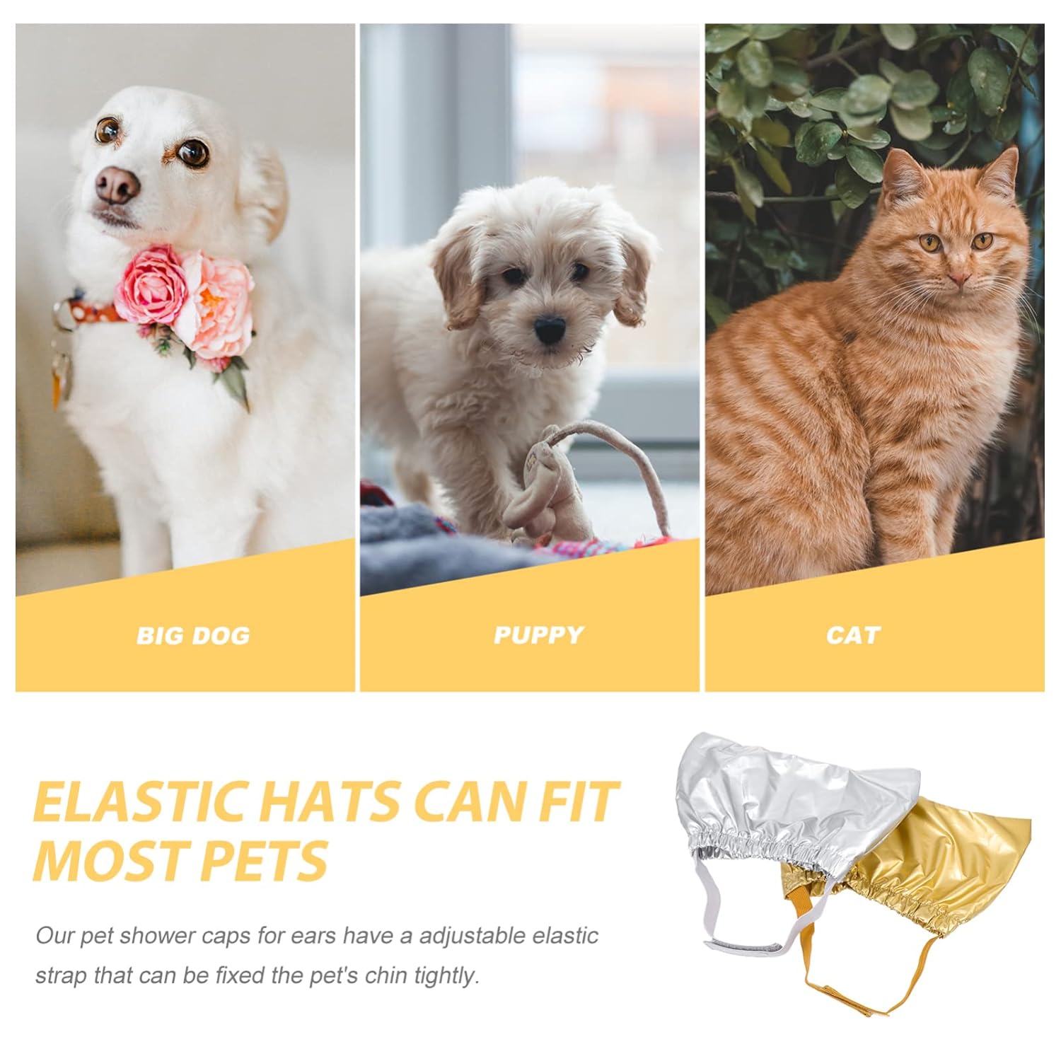 2 gorros de ducha para mascotas, gorro de ducha reutilizable para perros, cubre las orejas, gorro de baño para gatos con correa fija ajustable,