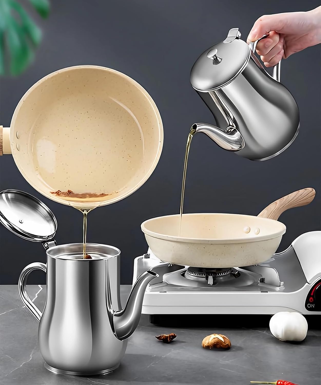 2 coladores de aceite para freidora de 24 onzas para cocina, olla de filtro de aceite de acero inoxidable con filtro de malla fina, tapa a prueba de