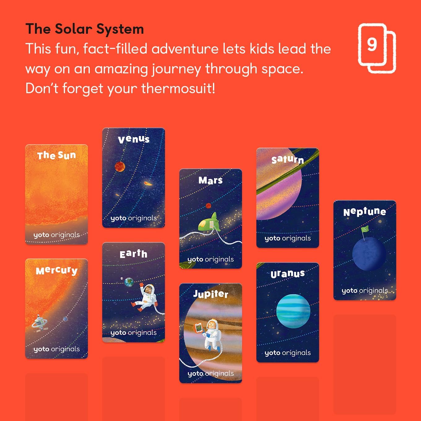 Yoto The Solar System – 9 tarjetas de audiolibro para niños para usar con Yoto Player y mini reproductor de audio todo en 1, escucha educativa sin