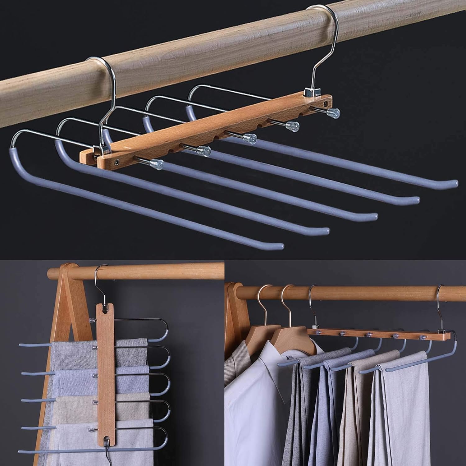 Perchas plegables para pantalones que ahorran espacio, perchero de acero inoxidable y madera, antideslizante de 5 capas para jeans para organizador