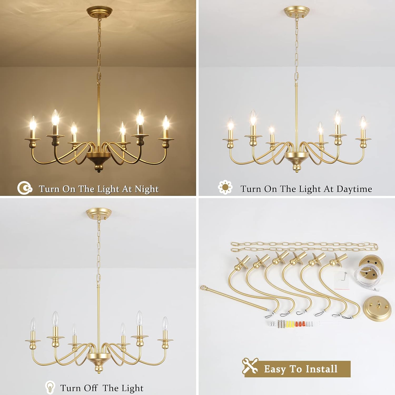MRHYSWD Gold Chandelier Light Fixture 6 Lights Modern Farmhouse Chandelier for Dining Room Candle Pendant Light Fixtures Ceiling Hanging Chandeliers