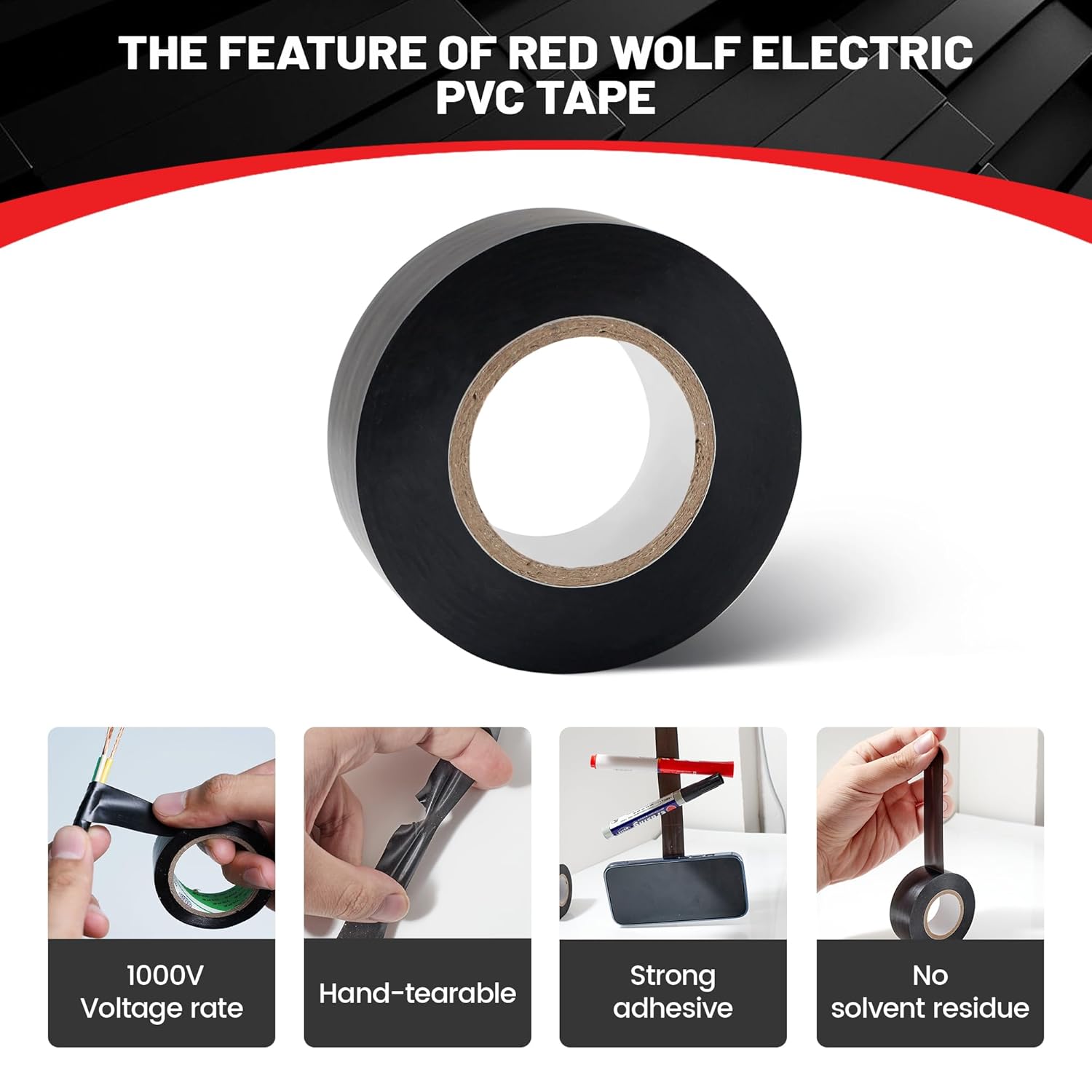 RED WOLF Cinta eléctrica de PVC de 1 pulgada x 66 pies, copolímero de copolímero de viscosidad, cinta eléctrica, ignífuga, impermeable, 1000