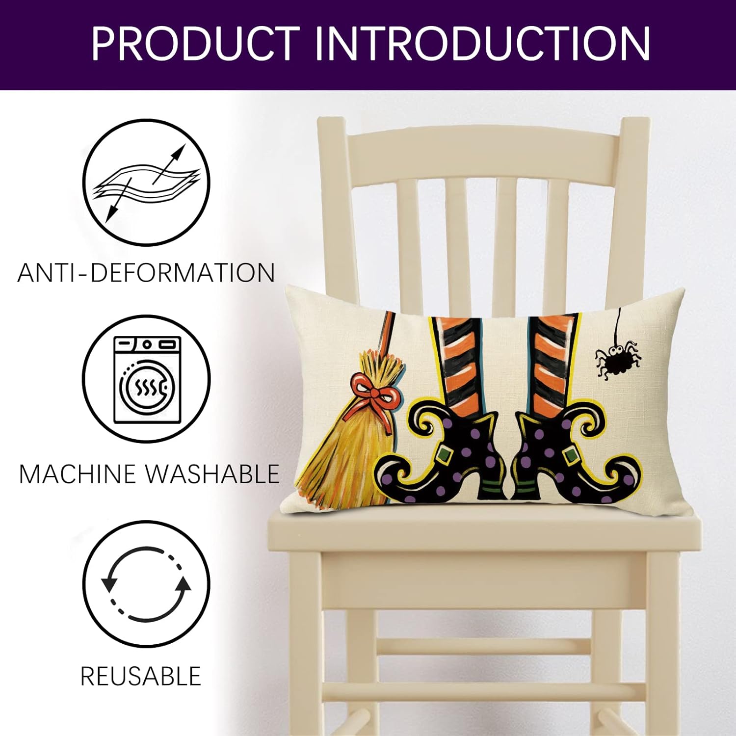 Funda de almohada decorativa lumbar con zapatos de bruja de Halloween de 12 x 20 pulgadas, escoba rectangular araña para decoración del hogar al