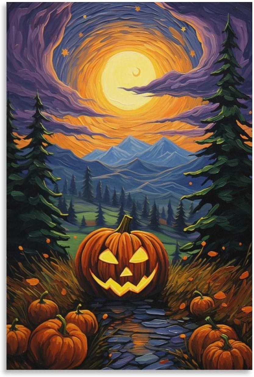 Póster de noche estrellada de Van Gogh con diseño de calabaza, lienzo divertido y estético, decoración de pared de bosque de fantasía, pósteres e