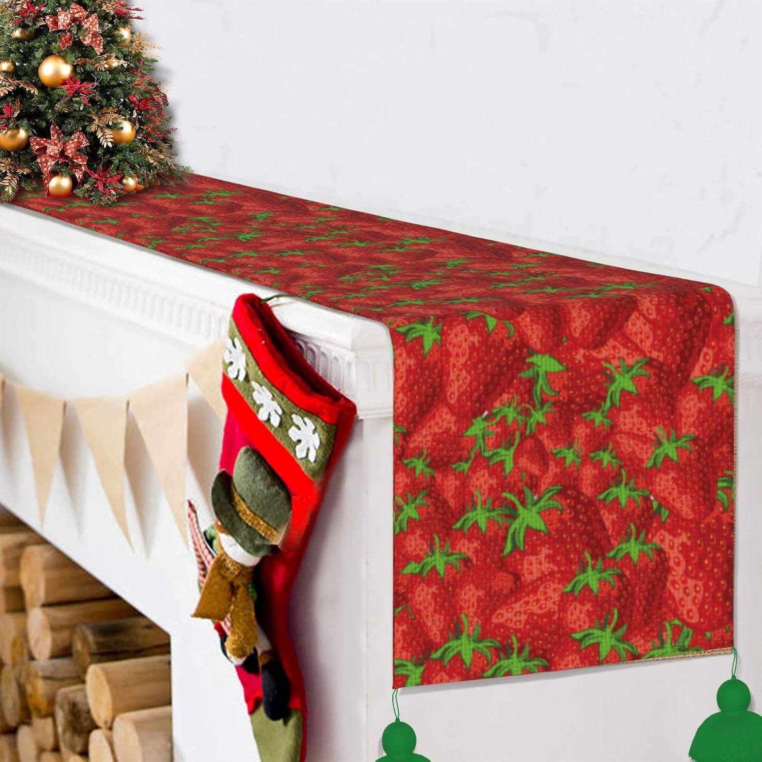 Camino de mesa de Navidad de fresa, decoración de mesa de comedor, decoración de Navidad, decoración de interiores del hogar, caminos de mesa de