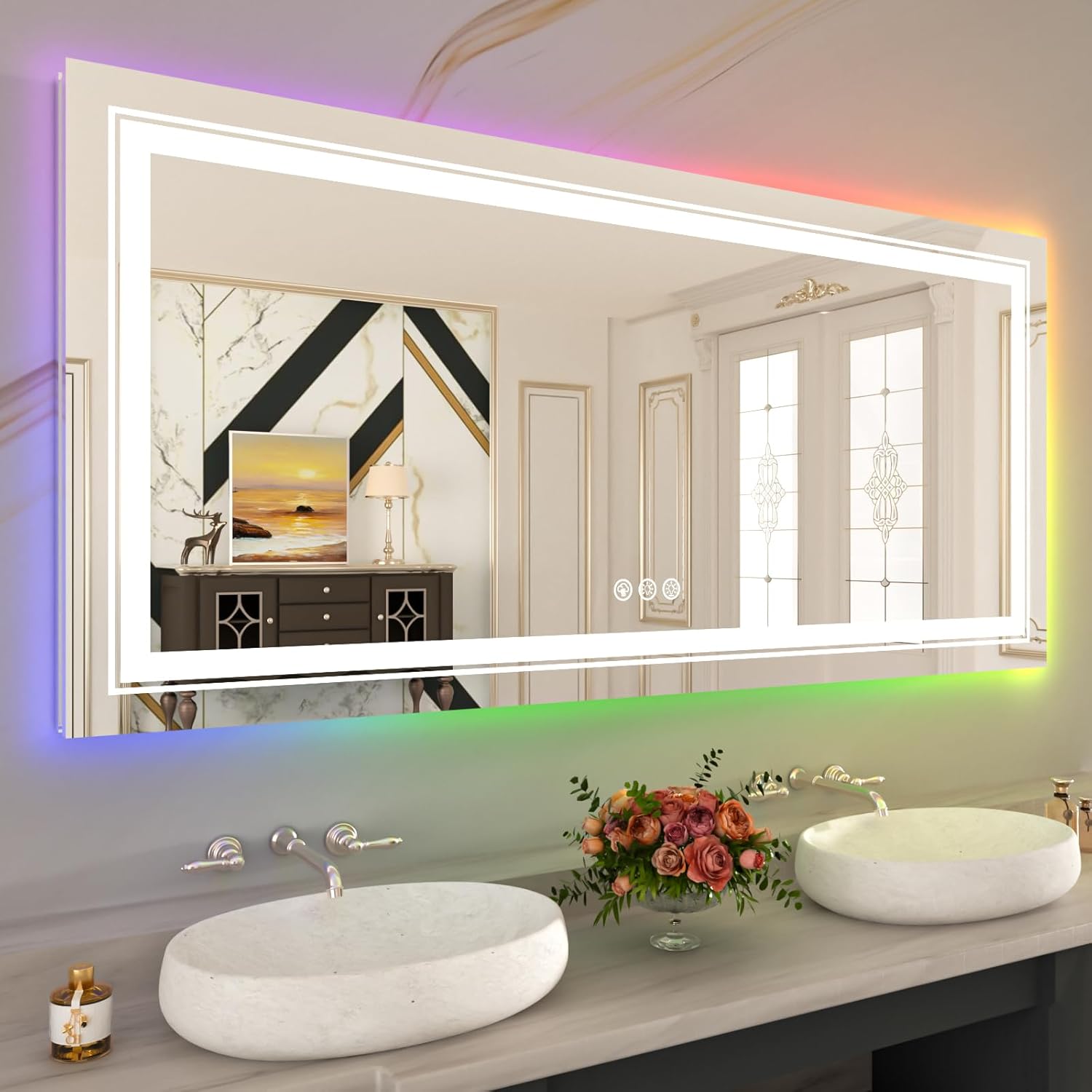 WTTY Espejo de baño LED de 60 x 30 pulgadas con retroiluminación RGB y luz frontal, espejo LED regulable continuo para baño, espejo de tocador de