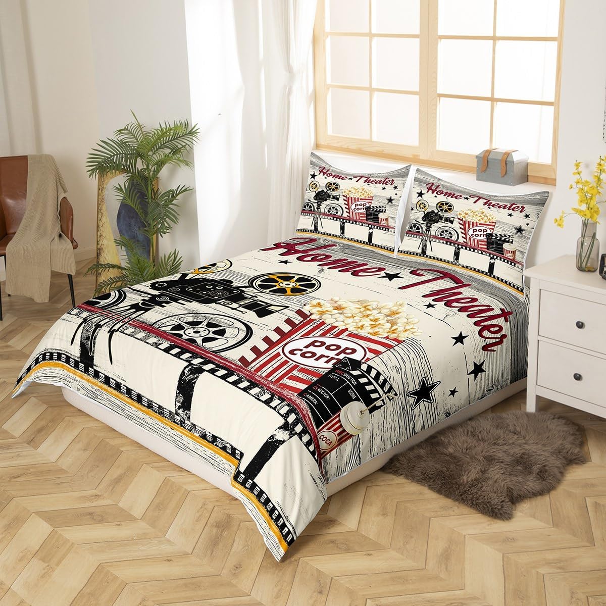 Juego de ropa de cama estilo cine vintage tamaño matrimonial para niños y niñas, decoración de cine en casa, funda de edredón con temática de