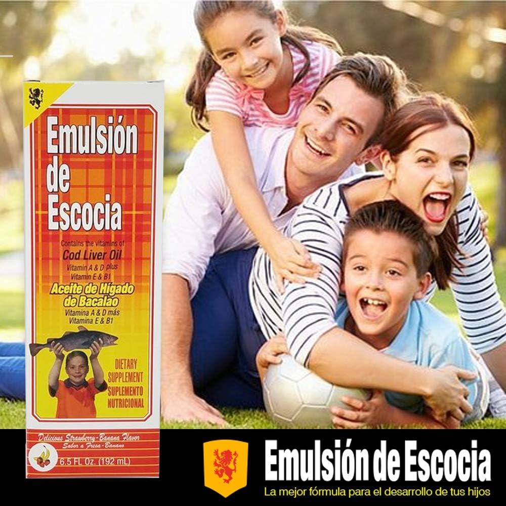 Emulsión de Escocia. Suplemento dietético de aceite de hígado de bacalao. Rico en vitaminas A, D, E y B1. Sabor a fresa y plátano. 6.5 onzas