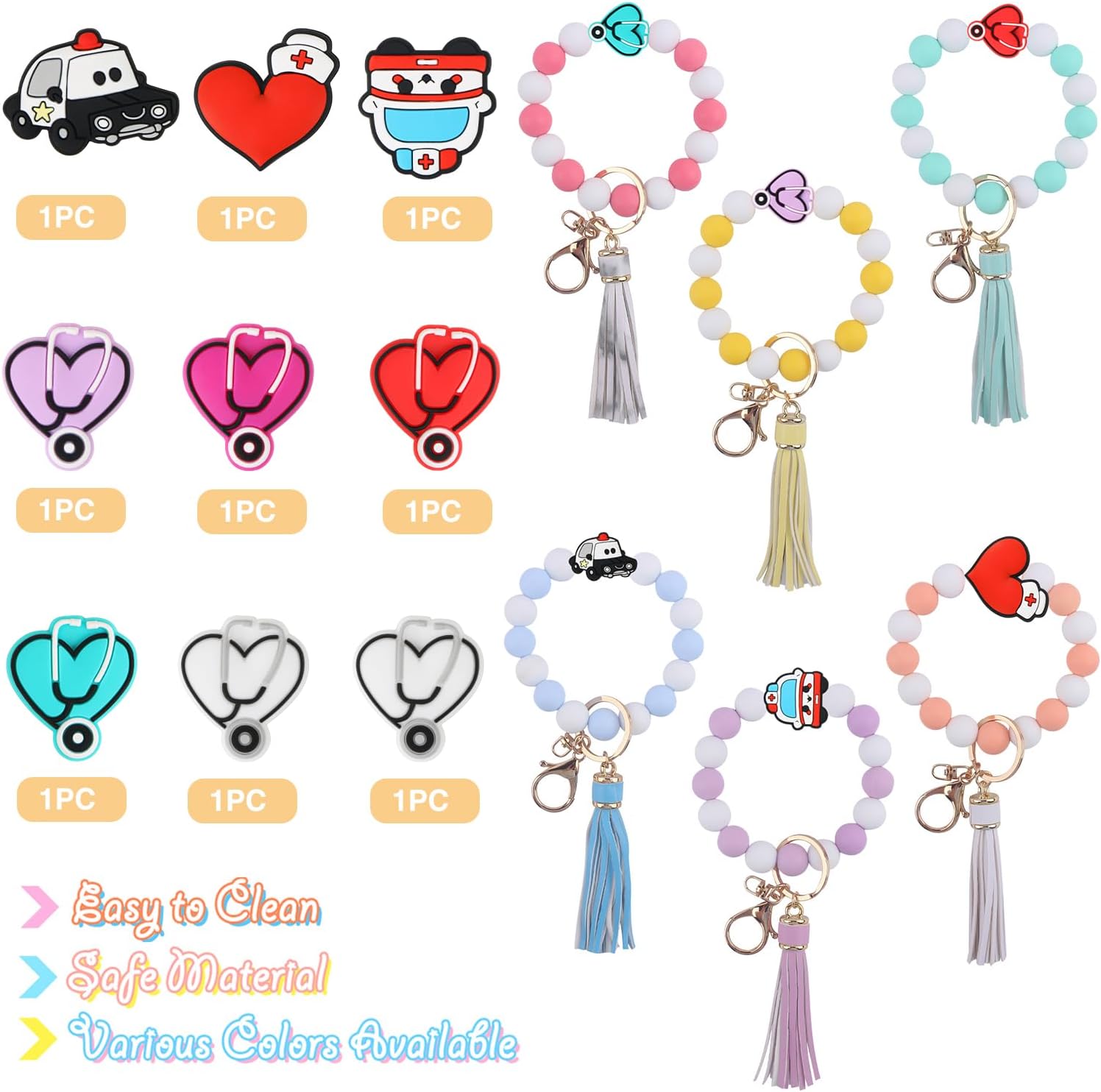9 cuentas de silicona para estetoscopio de enfermera, cuentas focales de silicona con forma de corazón EVERMARKET para hacer llaveros, cuentas de