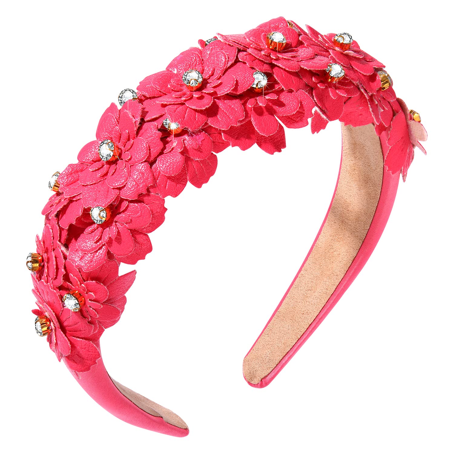 Diademas acolchadas de cristal de flores, diadema de cuero floral adornada con diamantes de imitación, aro ancho para el cabello, color sólido,
