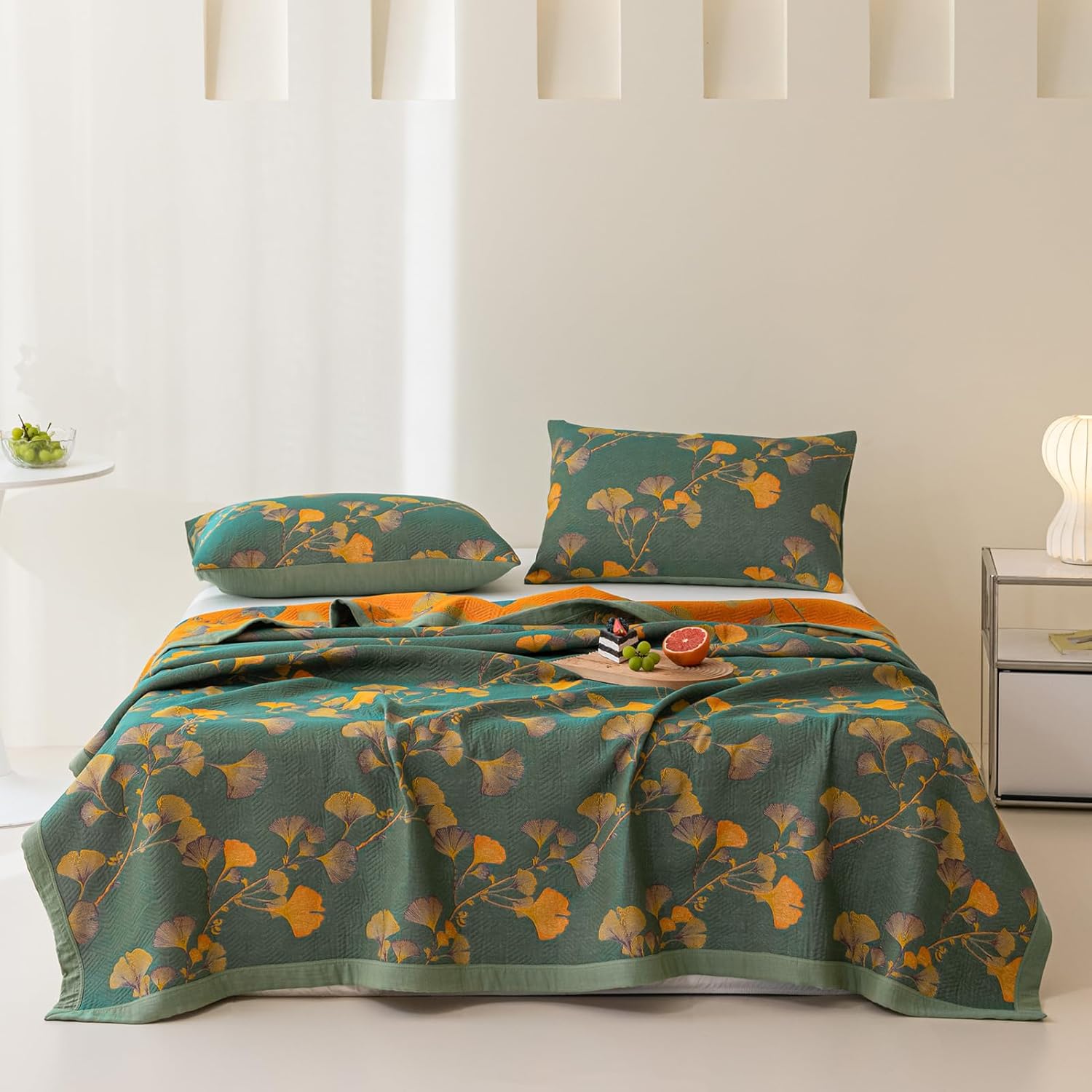 Purefair Edredón jacquard 100% algodón con estampado floral de hojas de ginkgo, funda de cama de muselina suave de 3 capas, colcha reversible