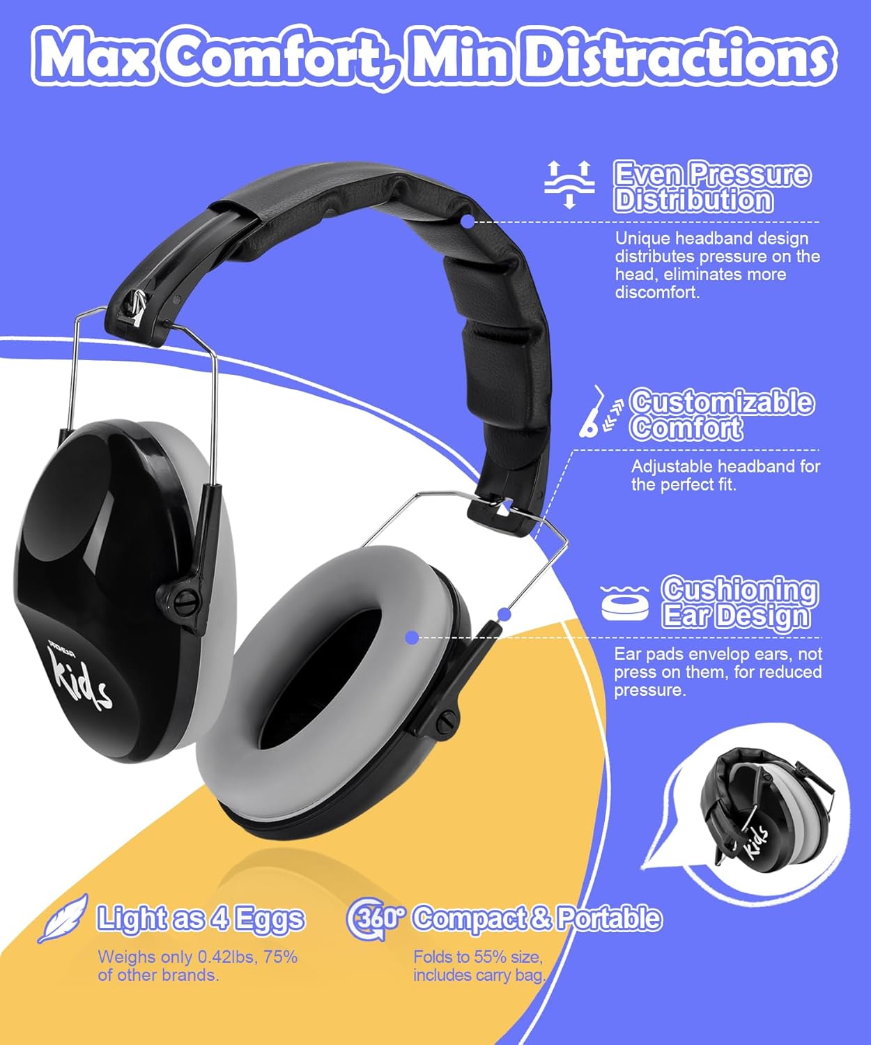 PROHEAR 032 2.0 Auriculares con cancelación de ruido para niños, reducción de ruido de 25 dB, orejeras sensoriales ajustables de protección de oídos
