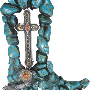 Ebros Gift Botas vaqueras rústicas con piedras preciosas de turquesa agrietada del suroeste con espolón y cruz vintage para colgar en la pared, Ebros Gift Botas vaqueras rústicas con piedras preciosas de turquesa agrietada del suroeste con espolón y cruz vintage para colgar en la pared,