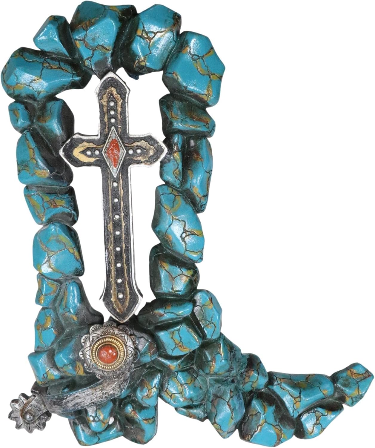 Ebros Gift Botas vaqueras rústicas con piedras preciosas de turquesa agrietada del suroeste con espolón y cruz vintage para colgar en la pared,