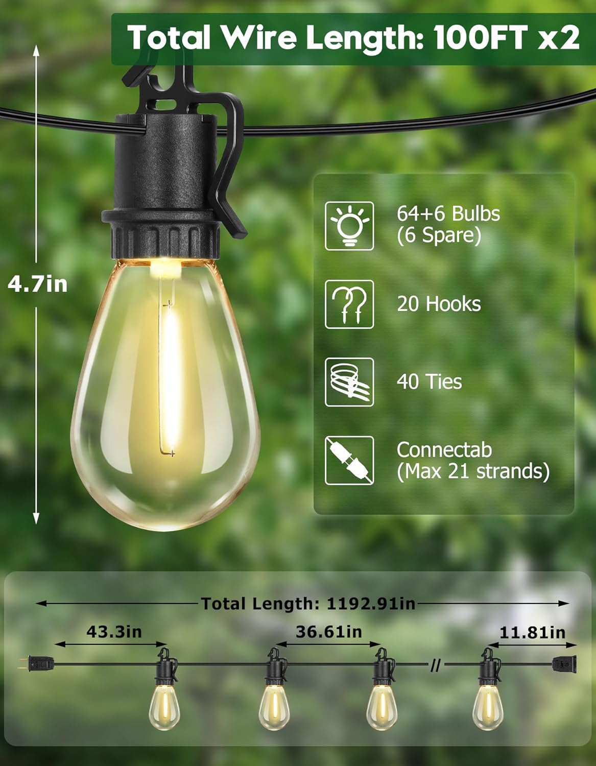 TDLOL Paquete de 2 tiras de luces para exteriores de 200 pies, impermeables, luces de patio con 70 enchufes inastillables, luces colgantes para
