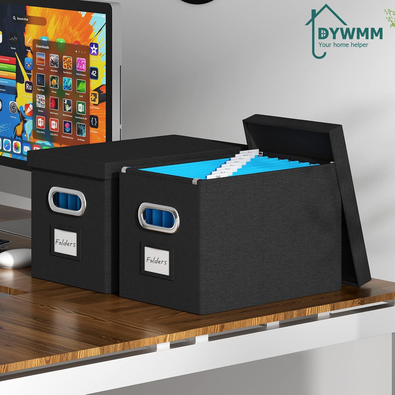 Caja de archivos colgante con tapa, juego de 4 organizadores de archivos, caja de almacenamiento plegable de lino decorativo para oficinahogar (14 x