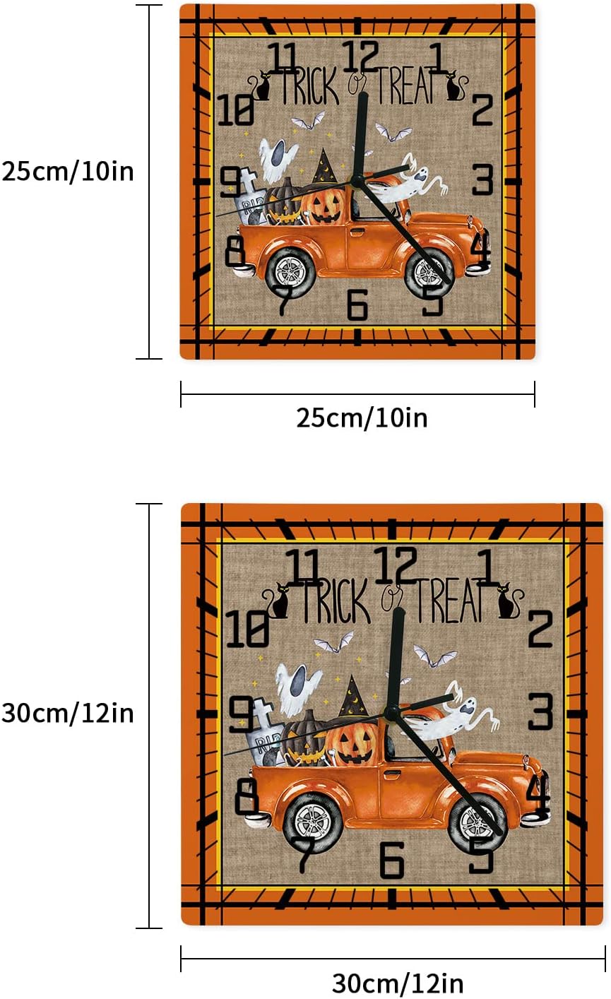 Wall Clock Orange Truck With Pumpkin Battery Operated Clocks Wooden Silent Non-Ticking Wallclock 10 Inch Black Cat Bat Square Wall Clock for Living