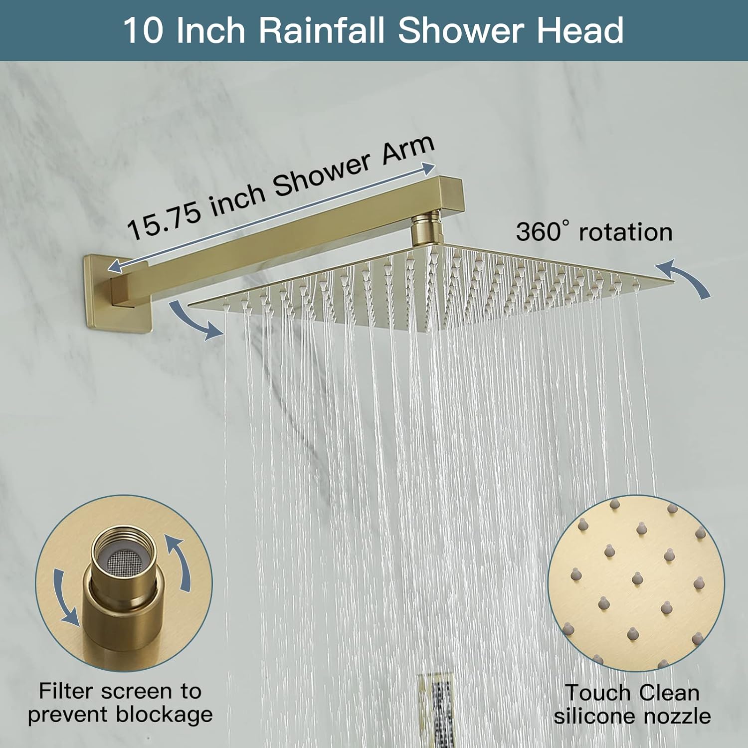 Homevacious Sistema de ducha de oro cepillado, cabezal de ducha de lluvia de 10 pulgadas con rociador de mano montado en la pared para baño,