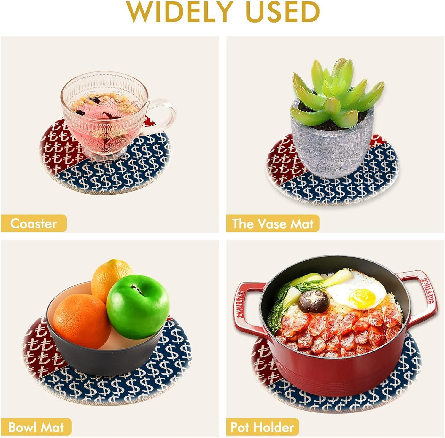 Us Dollar Trivet Pot Holder Turkish Lira Round Woven Potholders Set Kitchen Placemats 2PCS Cotton Rope Table Hot Pads Stylish Coasters Heat