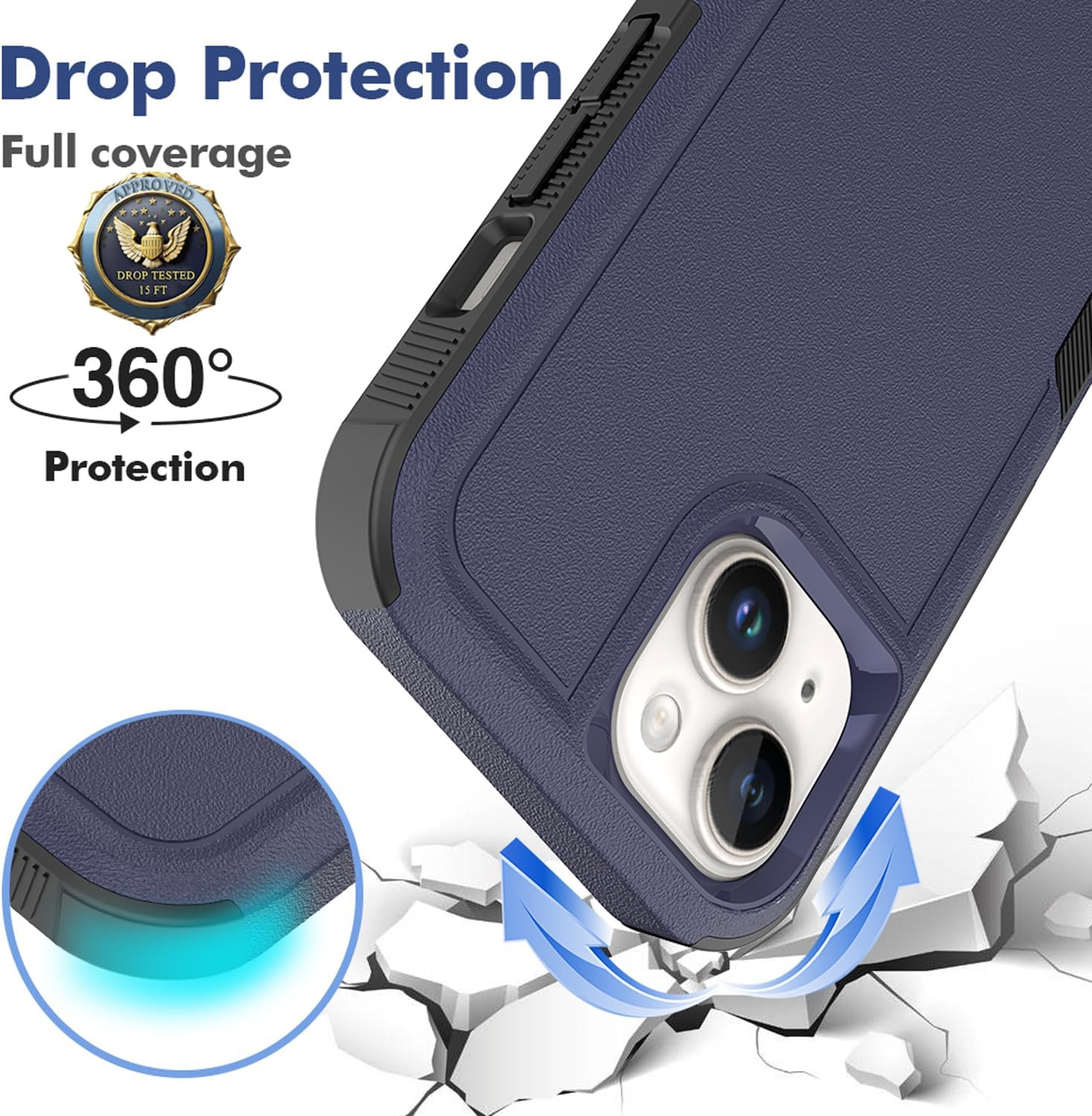 Grado militar Funda compatible con iPhone 15, probada en caídas de 15 pies, funda protectora, azul, delgada y resistente, apta para bolsillos