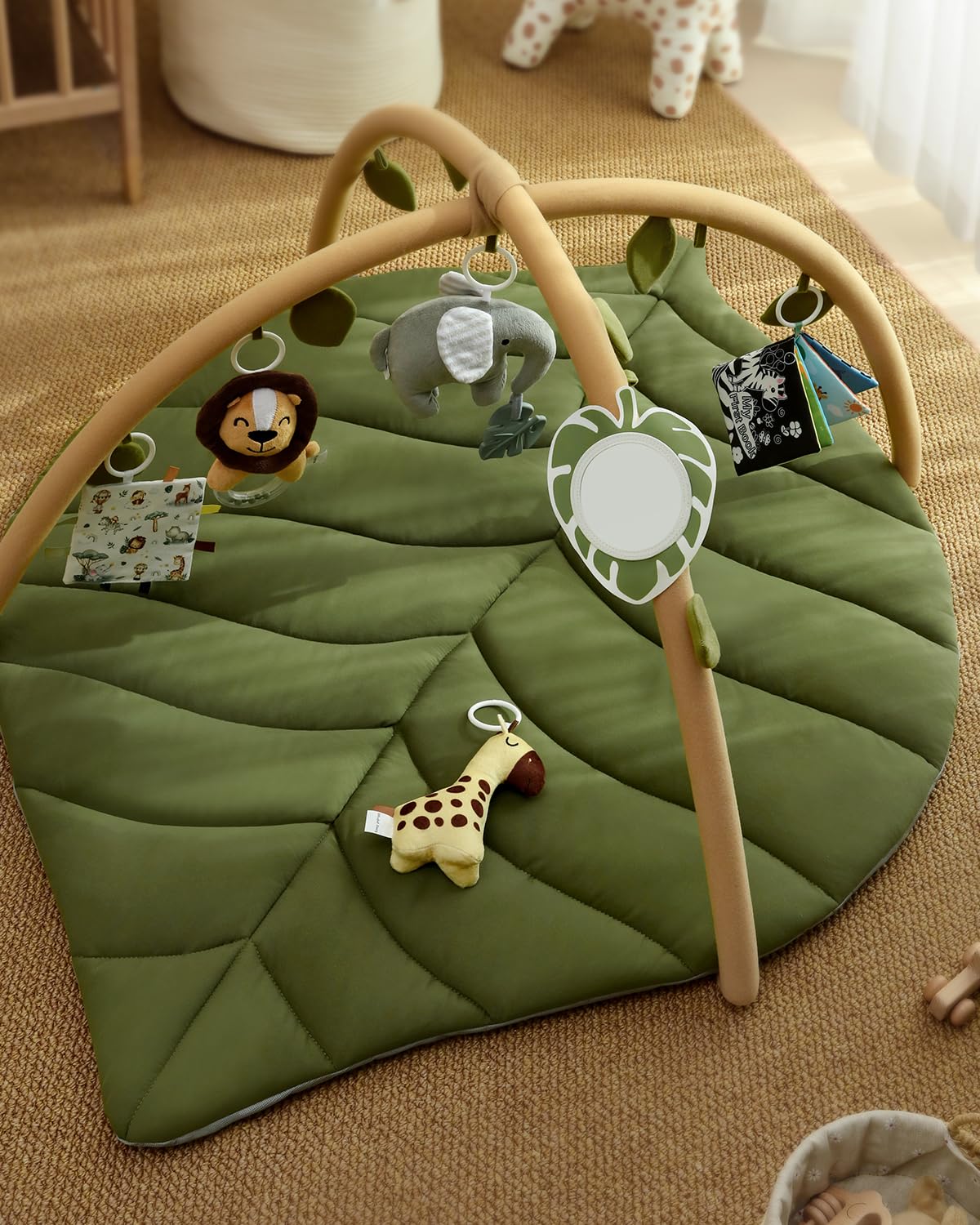 Blissful Diary Tapete de gimnasio y actividades para bebés, tapete de juego para bebés en forma de hoja de gran tamaño con 6 juguetes desmontables,