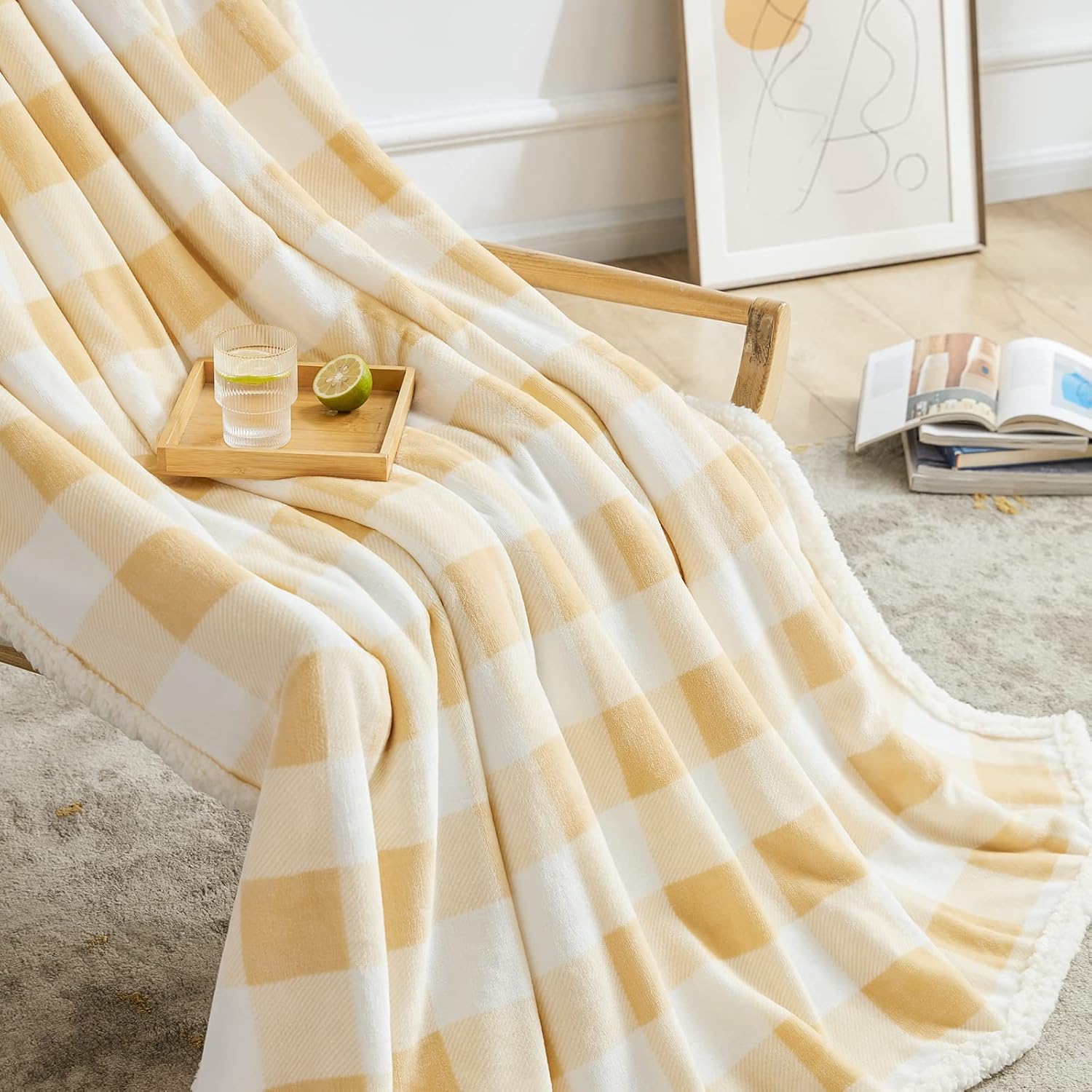 BEAUTEX Manta de forro polar sherpa, manta y mantas de felpa a cuadros súper suaves y cálidas, manta ligera y acogedora para sofá cama (beige, manta