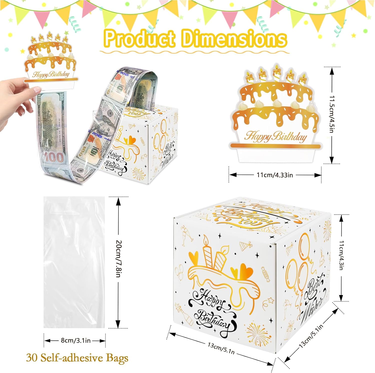Konsait Caja de dinero de cumpleaños, caja de dinero sorpresa de feliz cumpleaños, caja de dinero blanca y dorada para regalo en efectivo, caja de
