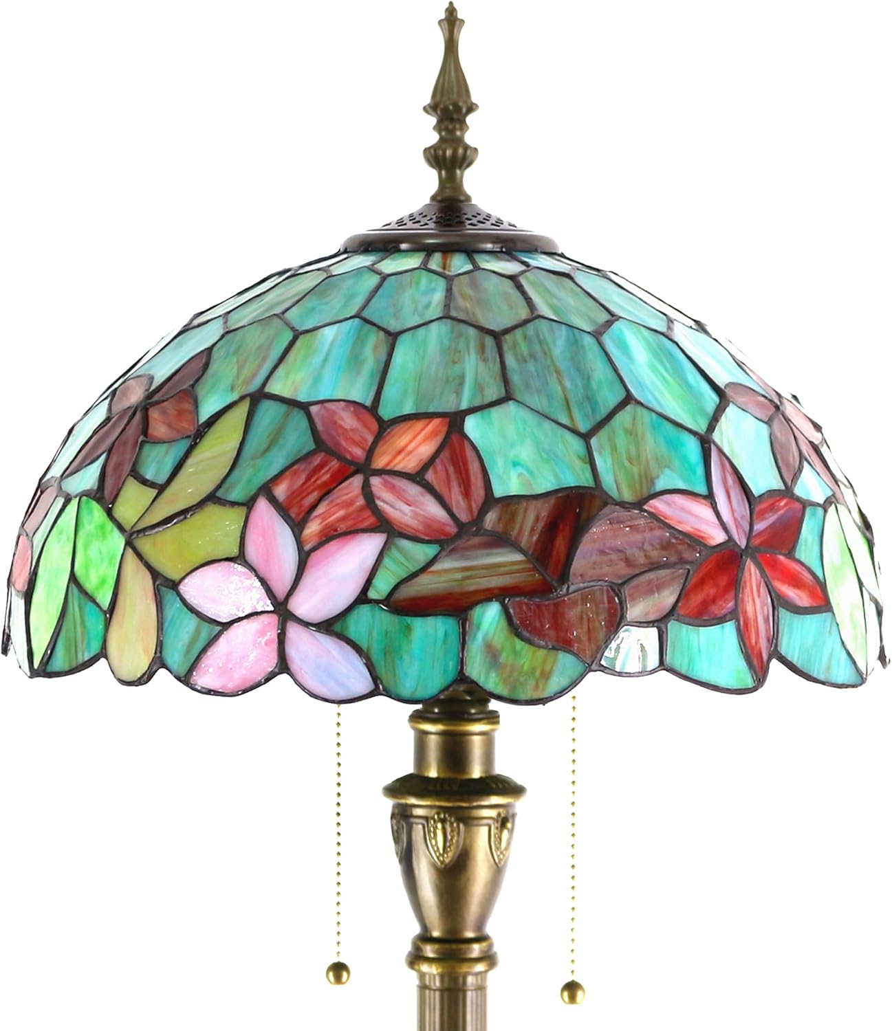 Tiffany – Lámpara de pie con vitrales, 16 x 16 x 70 pulgadas, luz de lectura antigua (flores rojas y verdes)