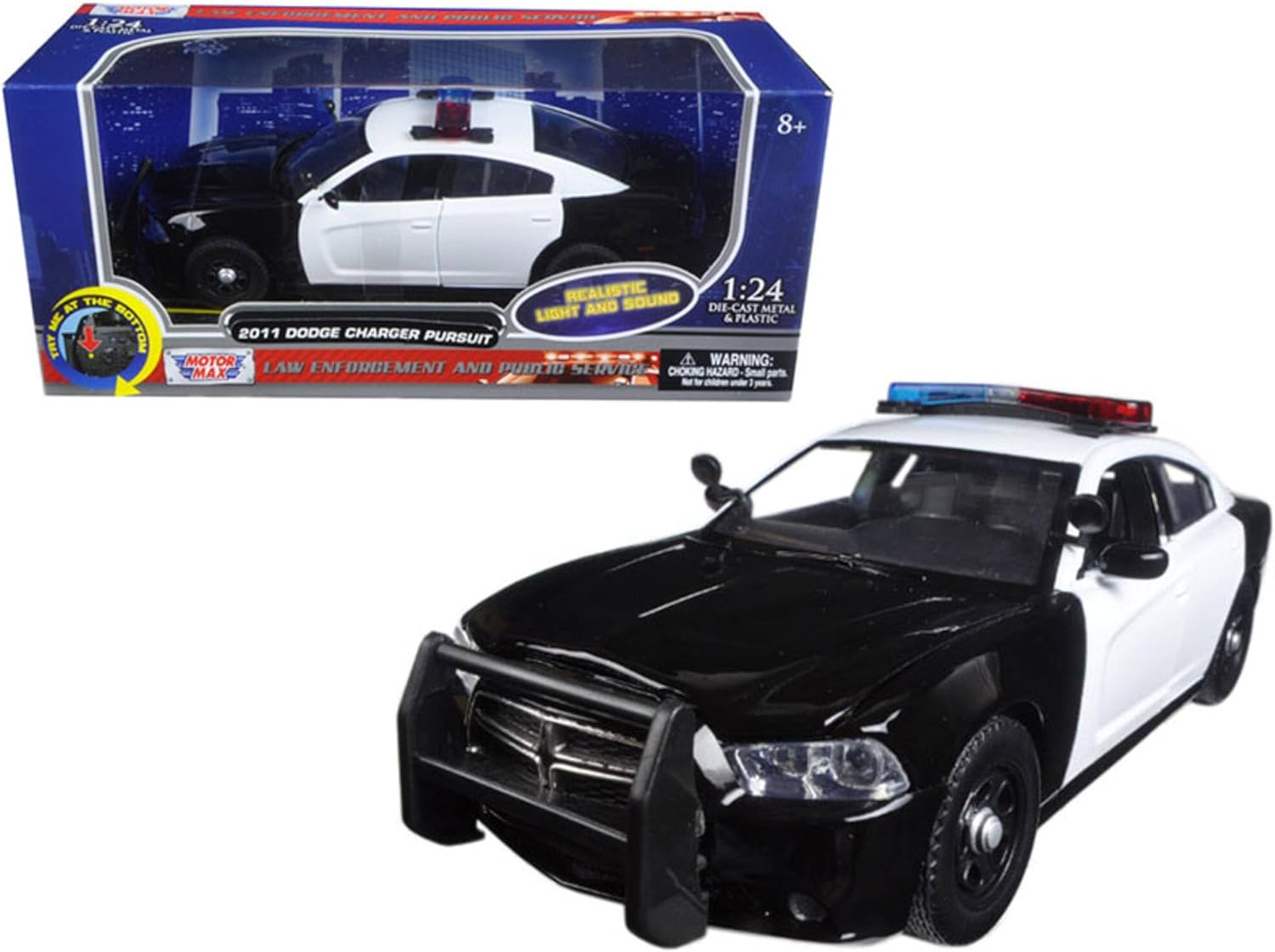 Motormax 79533 2011 Dodge Charger Pursuit – Coche de policía en blanco y negro con barra de luz intermitente, luces delanteras y traseras y 2