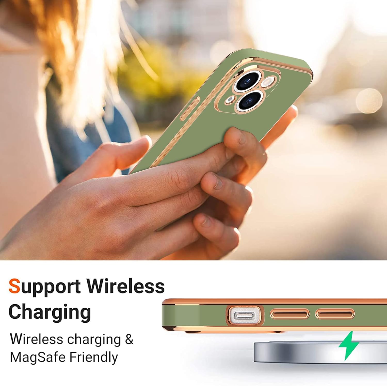 Teageo Funda para iPhone 14 Plus para mujeres y niñas, diseño de corazón de amor, chapado de lujo, cubierta trasera suave, protección completa de la