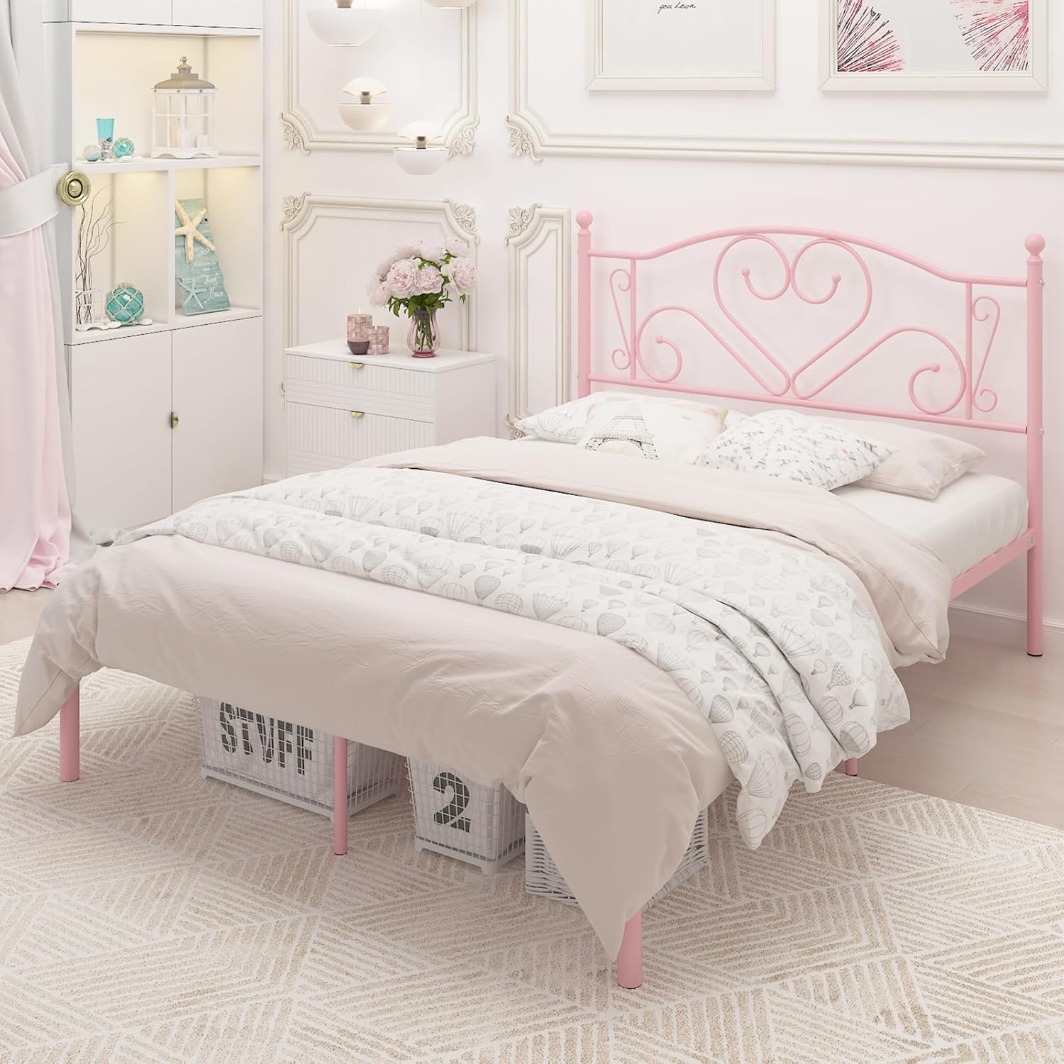Weehom Base de cama de tamaño matrimonial con cabecero, plataforma de metal resistente debajo de la cama, espacio de almacenamiento sin necesidad de