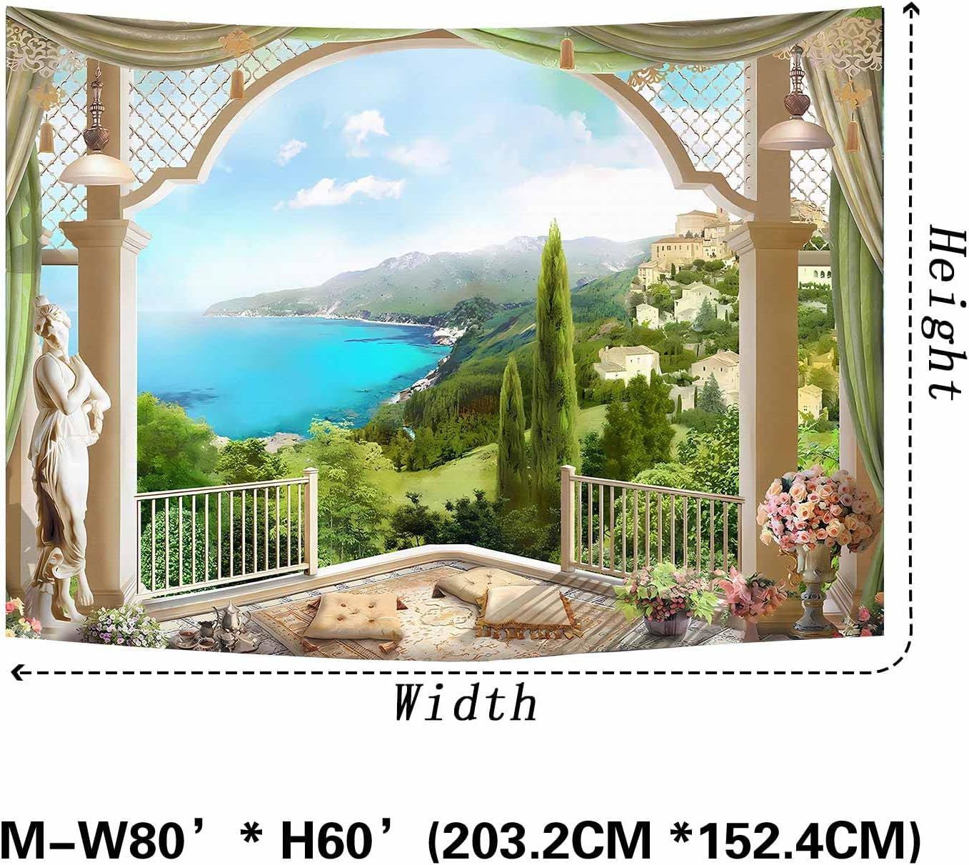NTERC Tapiz de naturaleza con vista al balcón, verano, exuberante bosque, montaña, paisaje, para colgar en la pared, 80 x 60 pulgadas, isla