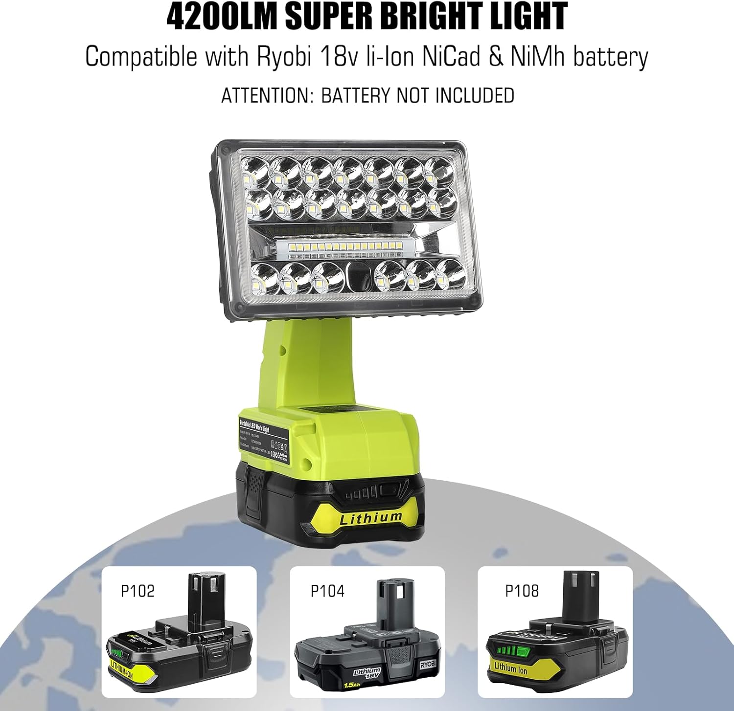 Luz de 18 V para Ryobi 18 V One+ batería de iones de litio, 18 W 2000 lm para luz Ryobi con puerto USB, cabeza giratoria de 110 grados de aleación