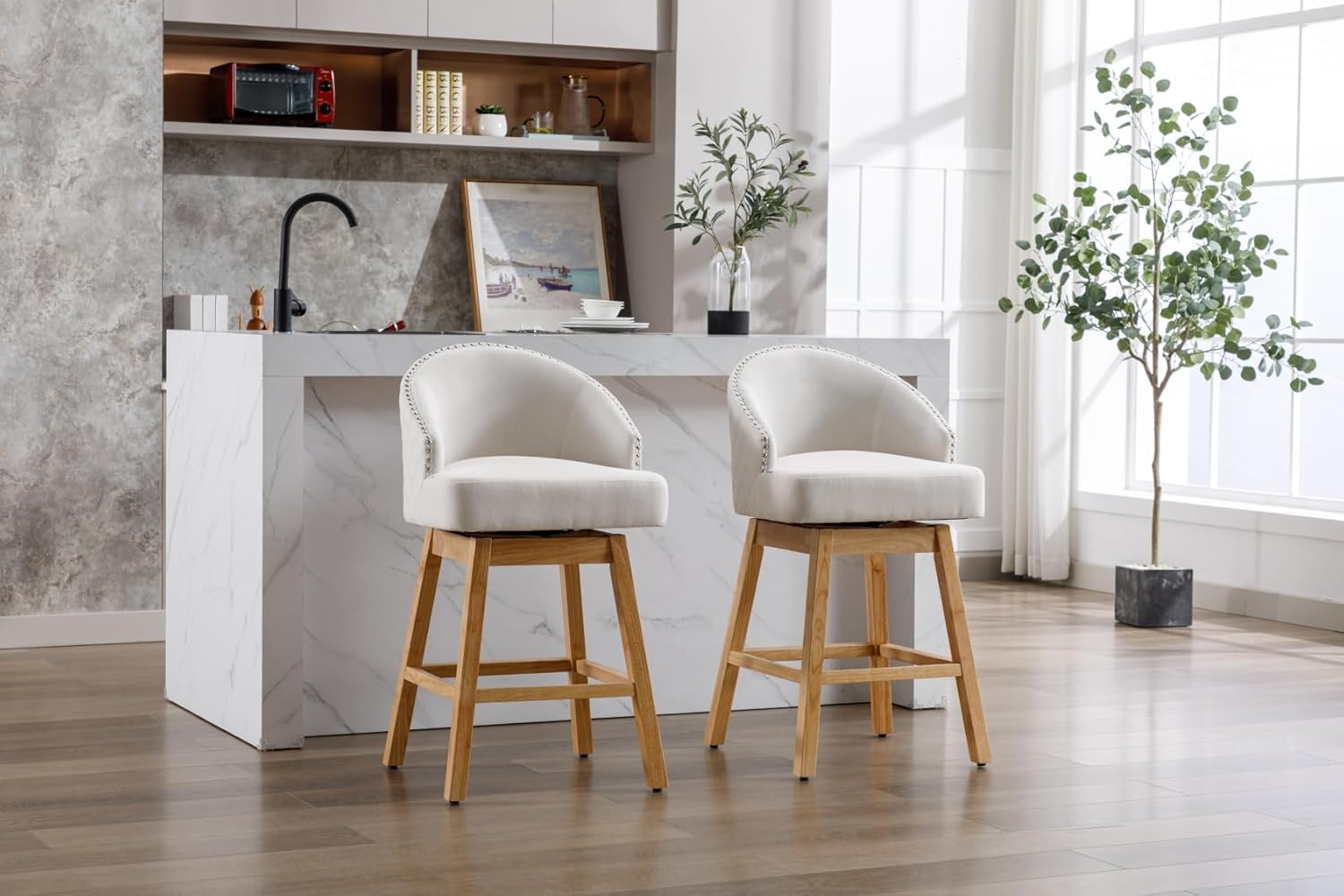 INCLAKE Juego de 2 taburetes de bar, sillas de comedor giratorias de 360 grados con decoración de cabeza de clavo y reposapiés, sillas modernas de