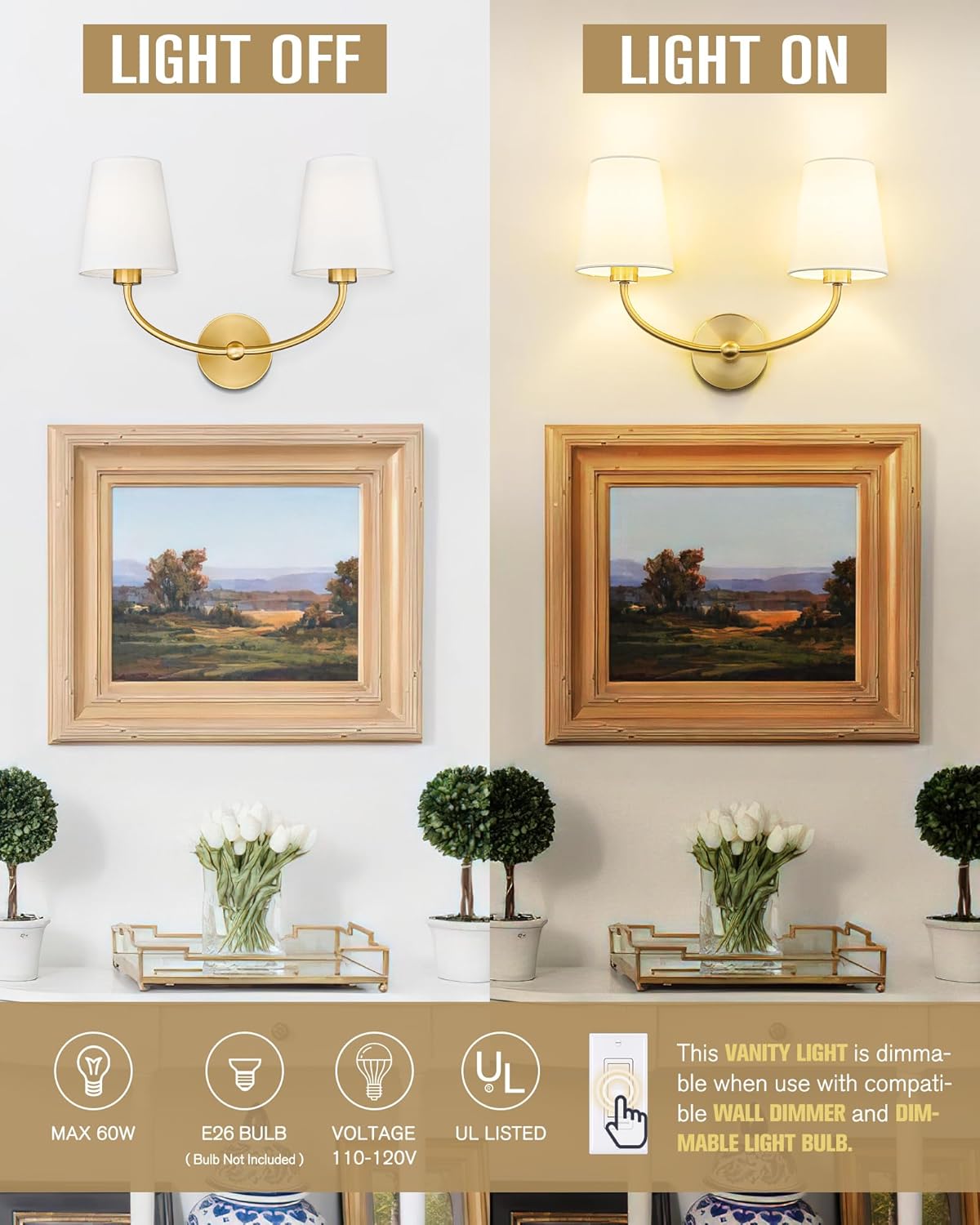 Emak VL116-GD-2 – Lámpara de baño de oro cepillado, modernos apliques de pared de 2 luces para baño, sala de estar, tocador de baño con pantalla de
