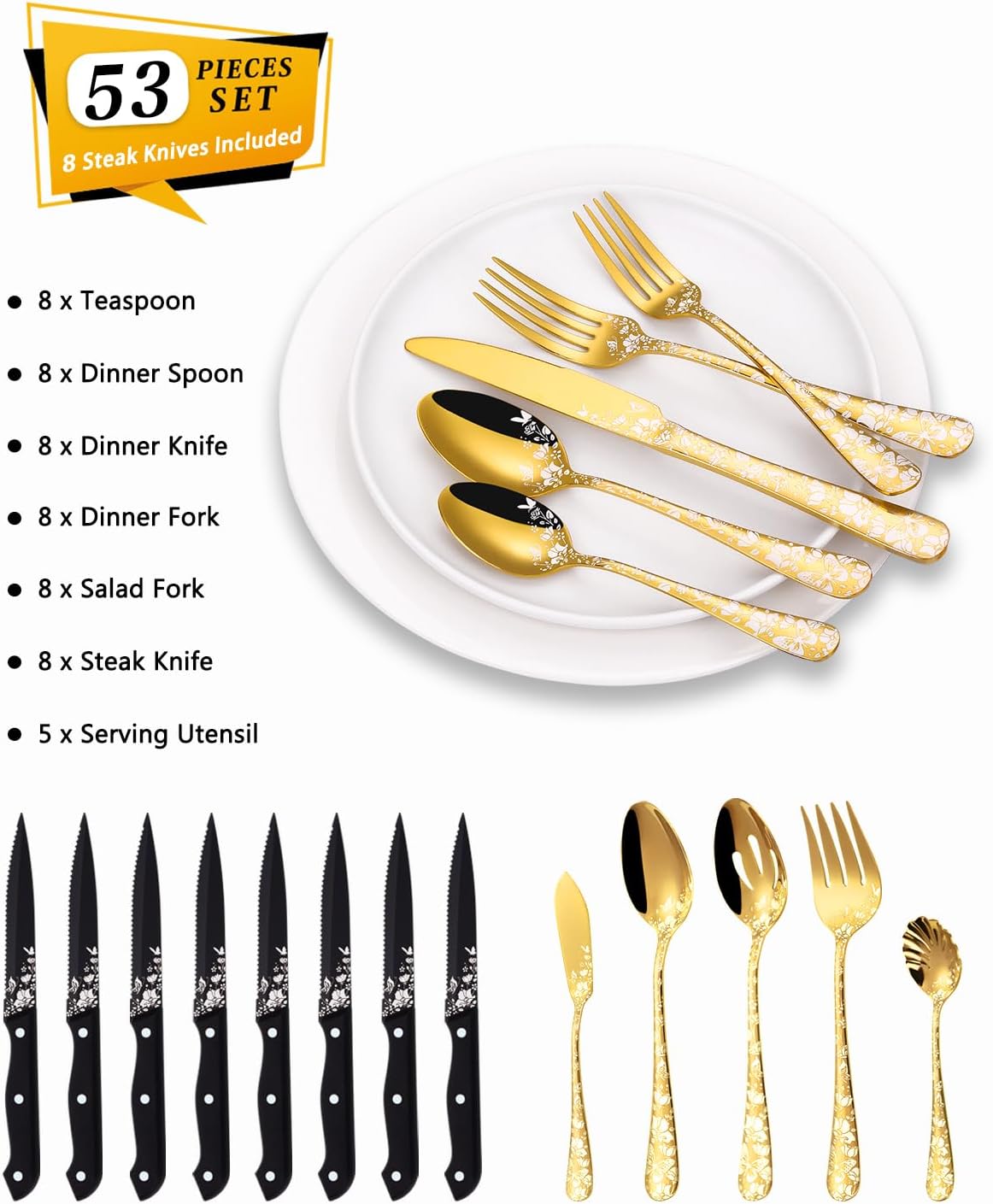 Stapava Juego de cubiertos dorados de 53 piezas con utensilios para servir, cubiertos dorados de acero inoxidable, utensilios para comer con espejo