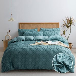 JELLYMONI Juego de funda de edredón azul grisáceo, talla individual, 3 piezas, microfibra, estilo capitoné, texturado, bohemio, patrón geométrico de JELLYMONI Juego de funda de edredón azul grisáceo, talla individual, 3 piezas, microfibra, estilo capitoné, texturado, bohemio, patrón geométrico de