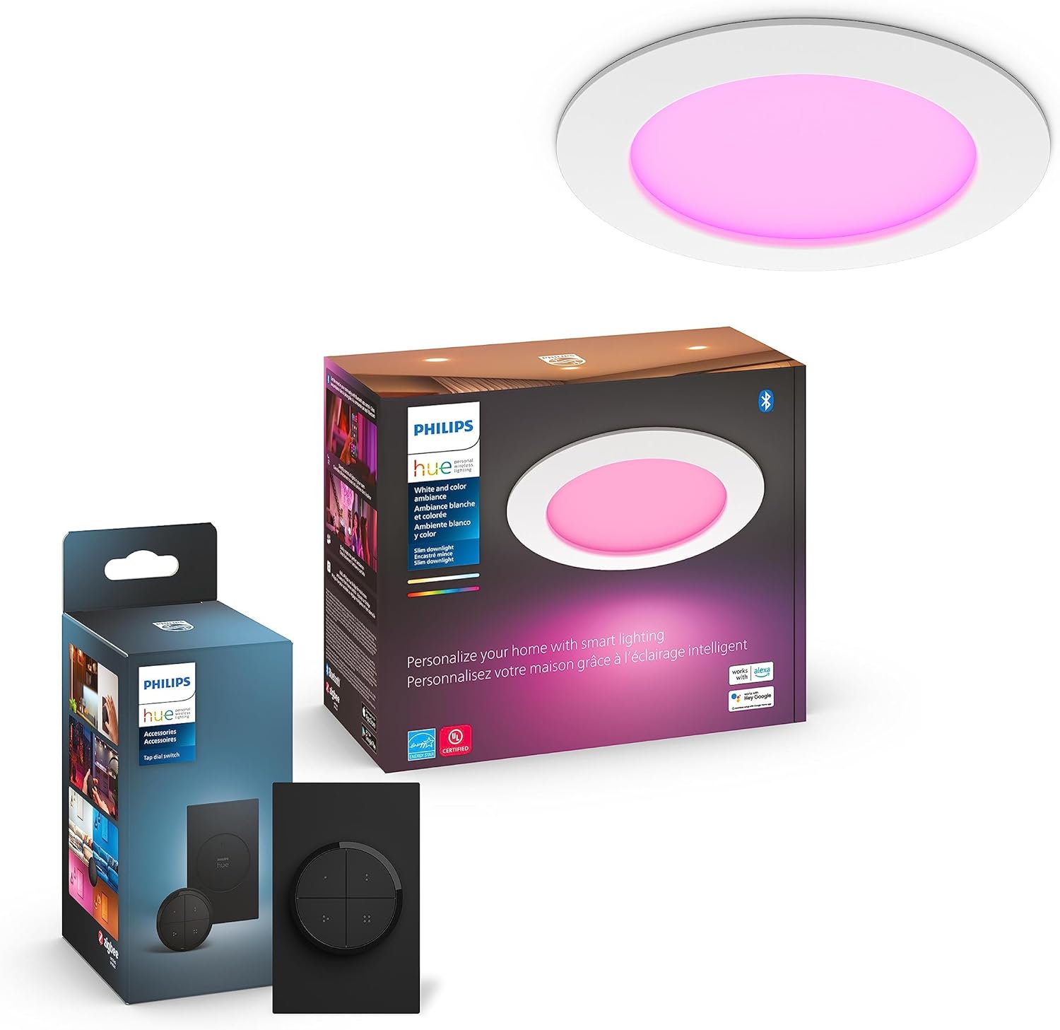 Philips Hue (1) Interruptor de dial negro con (1) Downlight LED Smart Slim de 56 pulgadas, luz blanca y cambio de color ambiental de color, 1200