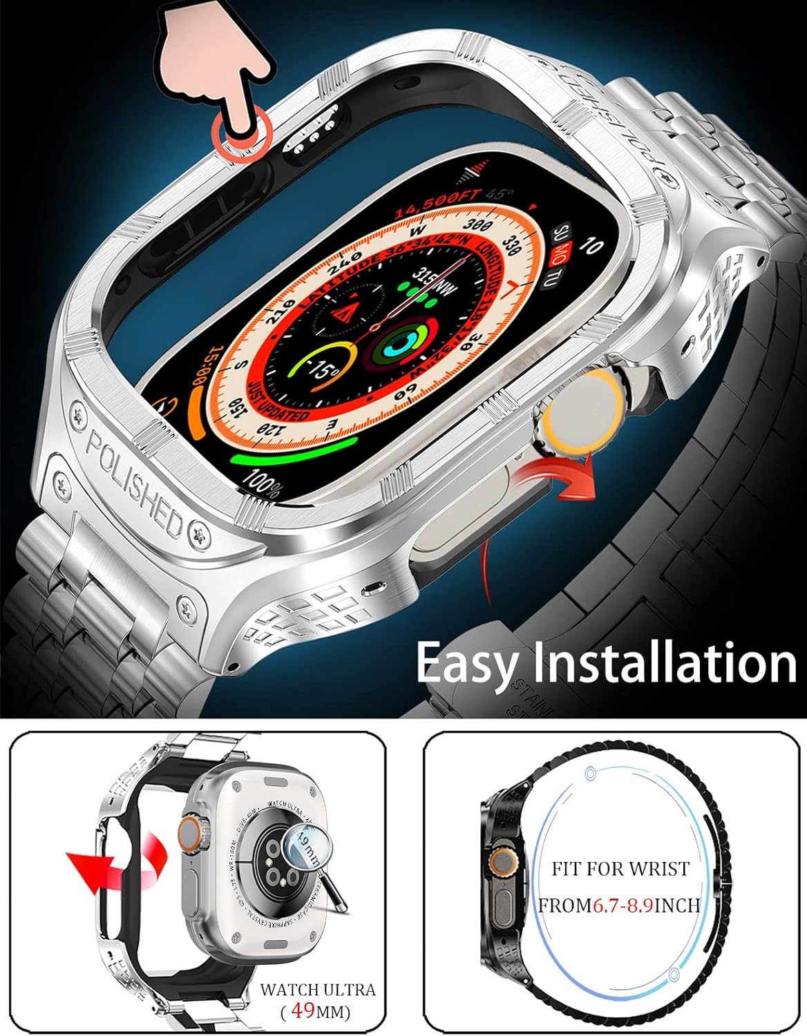 Stainless Steel CaseBand Compatiable for Apple Watch Band 49mm 45mm 44mm 42mm-Rugged Metal iWatch Case and Strap for Men iWatch Band Series
