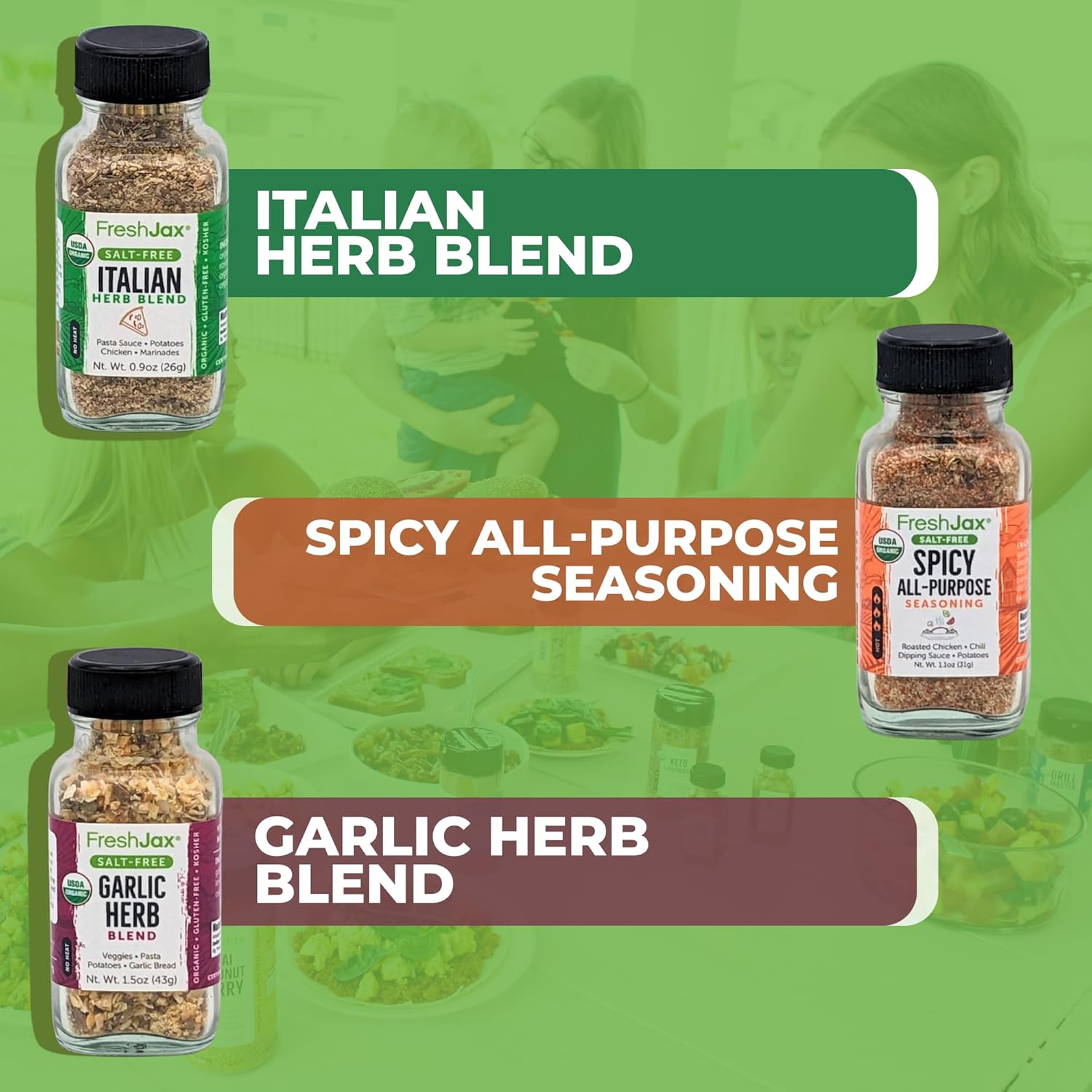 FreshJax Paquete de muestra de condimentos sin sal  3 mezclas picante para todo propósito, hierba italiana y gralic  Hecho a mano en Jacksonville,