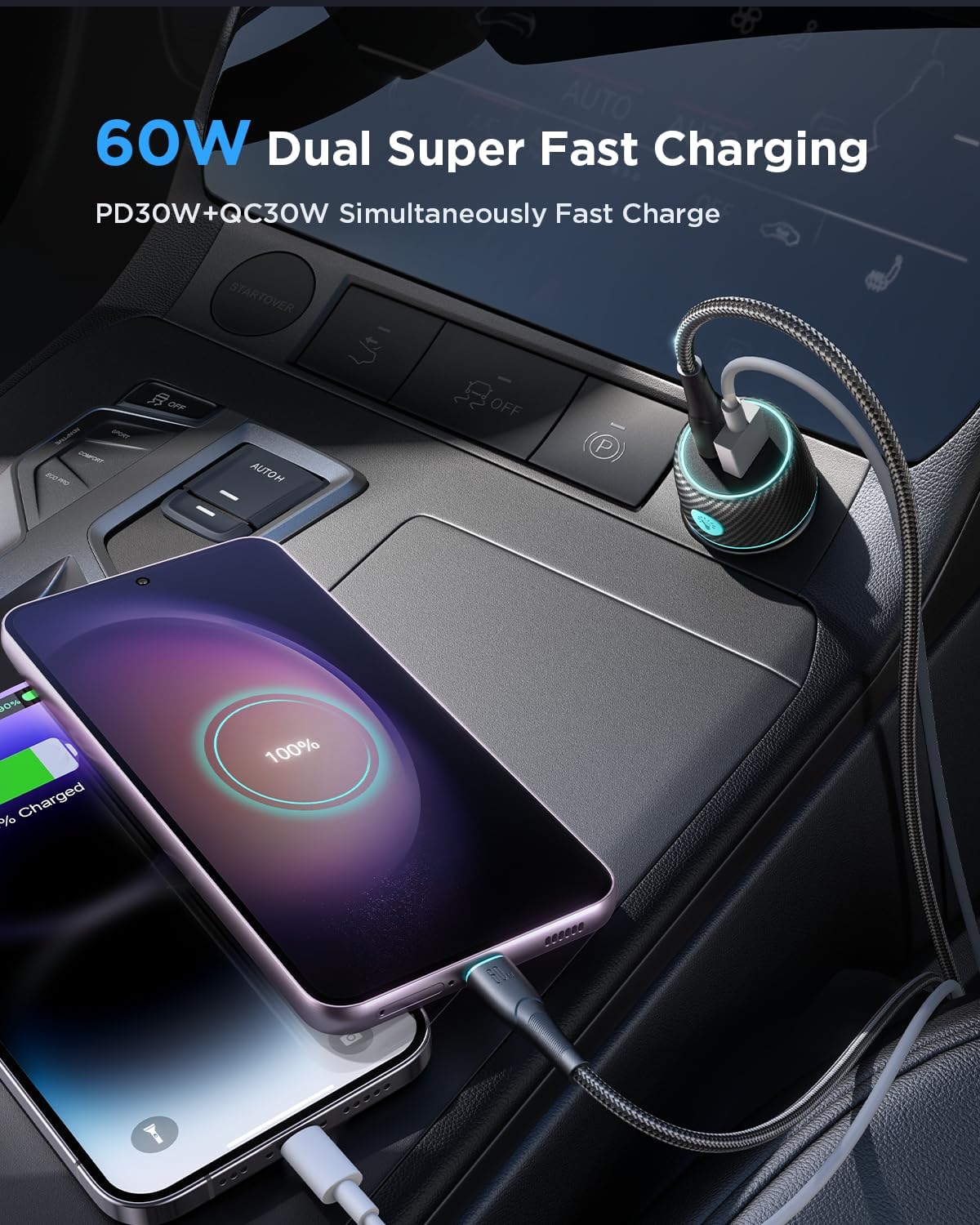 Cargador de coche USB C de 60 W, 2 puertos PD30W+QC30W Cargador de teléfono súper rápido para coche, adaptador de encendedor de cigarrillos, con