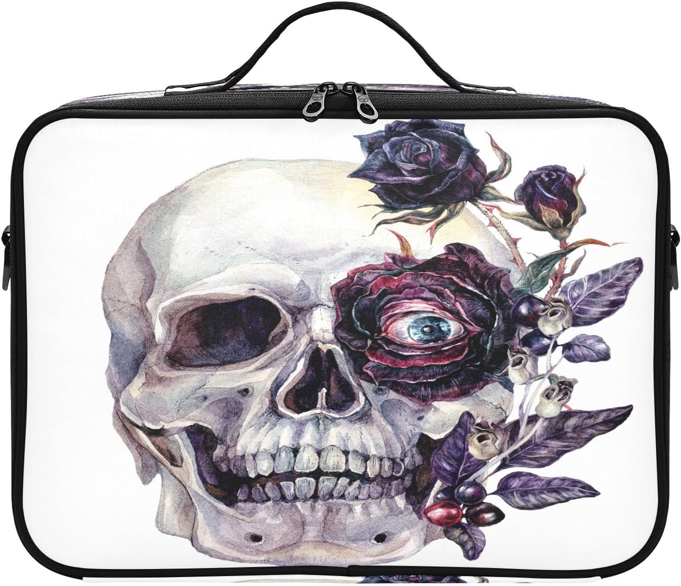 Skull Happy Halloween Evil Eye Bolsa de cosméticos negra de gran capacidad para artículos de tocador de viaje, bolsas de maquillaje para mujeres,