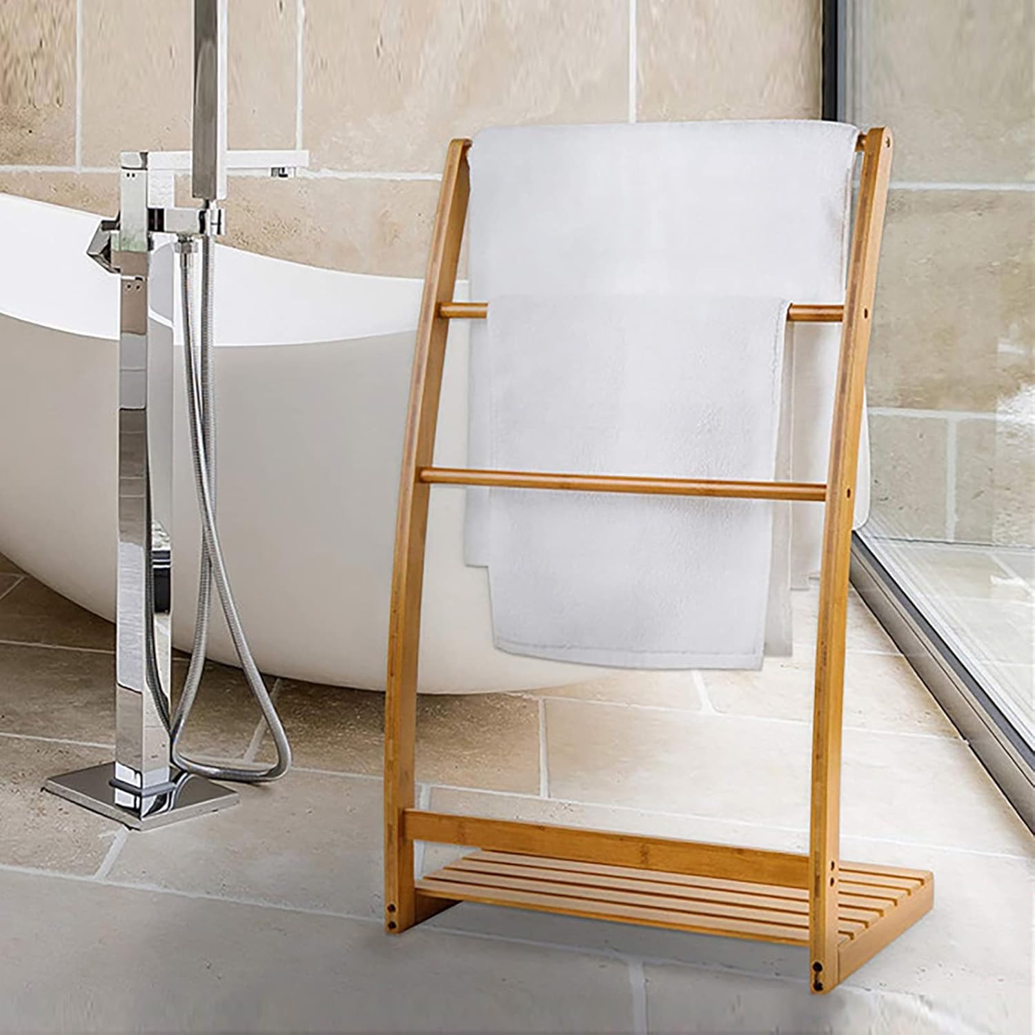 Toallero de bambú, 3 capas de perchas de ropa para el hogar, toallero independiente para suelo de baño, sostiene toallas de baño y toallas de mano,
