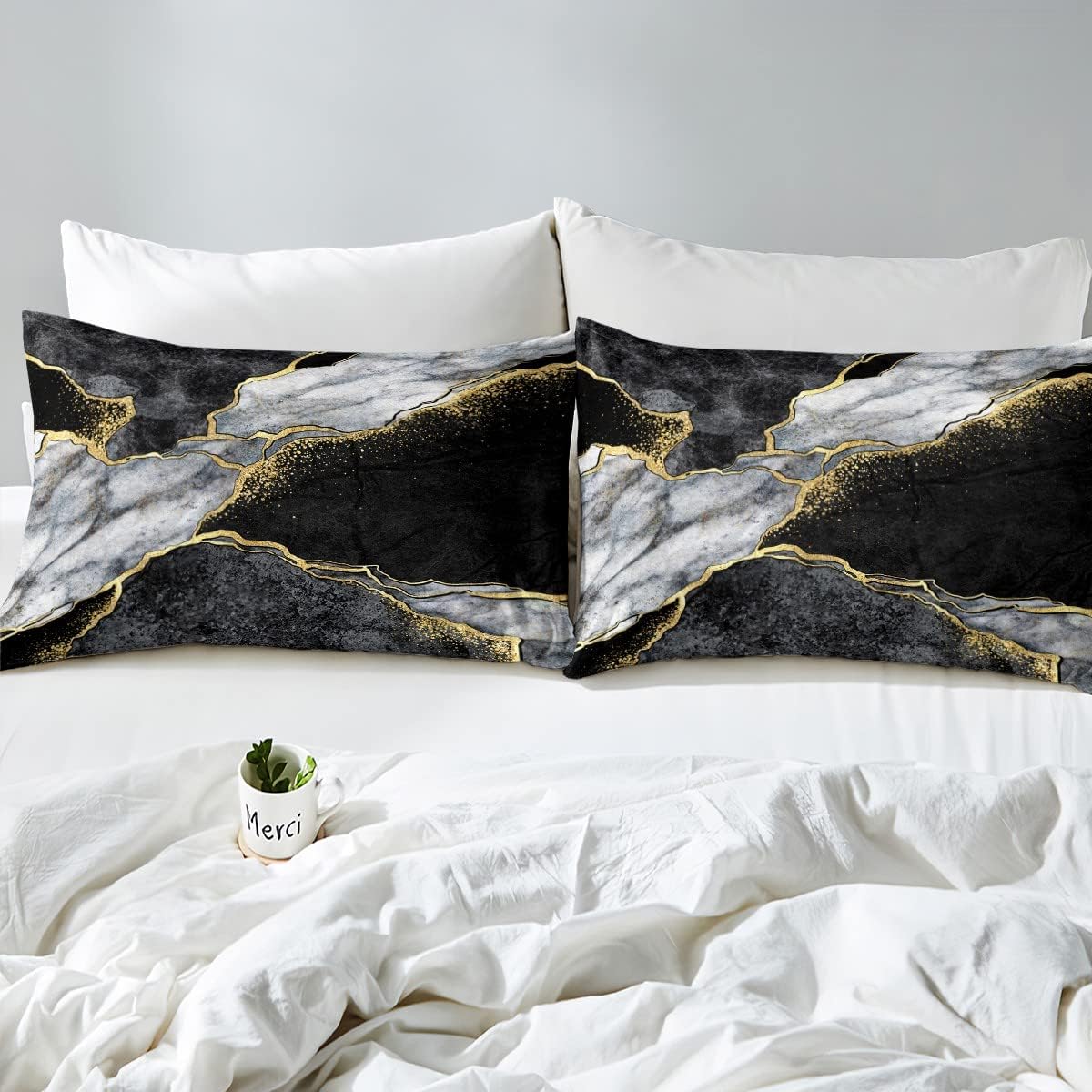 Juego de edredón de mármol negro, edredón de plumón de mármol metálico dorado para niños, adolescentes y adultos, juego de ropa de cama con textura