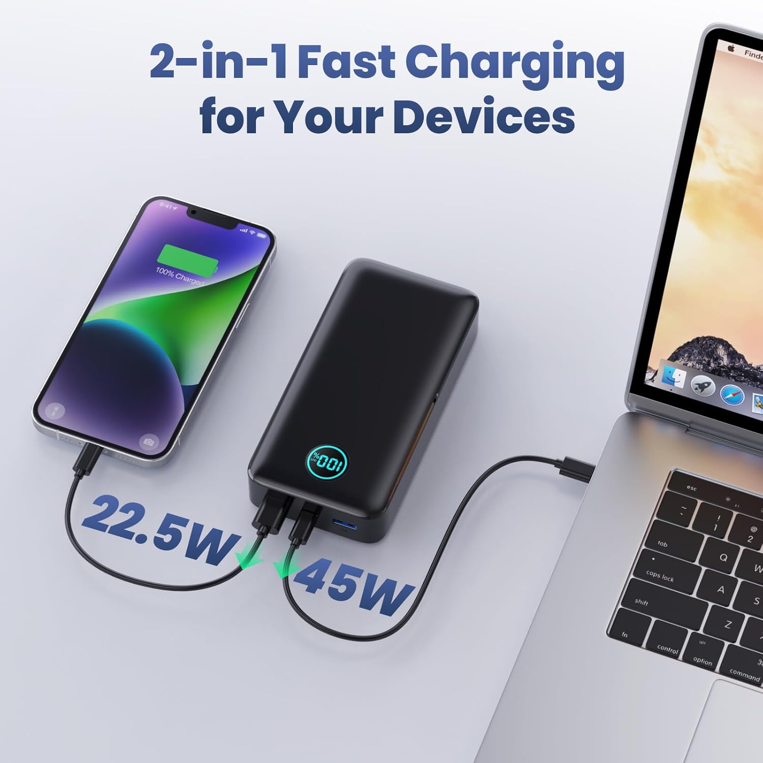 Banco de energía de 25800 mAh, cargador portátil USB C de 65 W, cargador de batería PD QC de carga rápida de 3 salidas, pantalla LCD, para laptop,