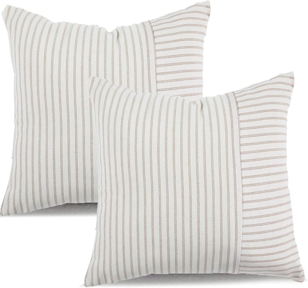 Fundas de almohada de retazos caqui y beige de 20 x 20 pulgadas, paquete de 2 fundas de almohada decorativas de lino a rayas para sofá, silla,