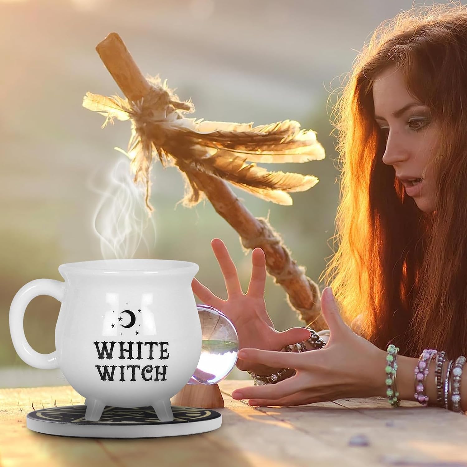 Posavasos de bruja para bebidas, decoración de bruja de cocina, decoración gótica del hogar, regalos para mujeres, juego divertido de 6 piezas con