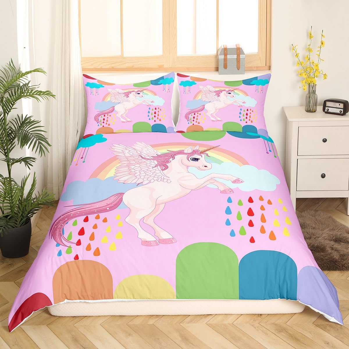 Manfei Juego de funda de edredón de unicornio rosa, tamaño matrimonial, funda de edredón de nubes arcoíris de dibujos animados con 2 fundas de