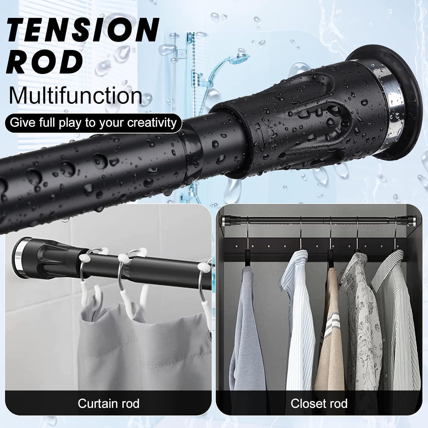 Barra de cortina de tensión, de 48 a 84 pulgadas, ajustable, resistente, color negro, para ventanas de baño, armario