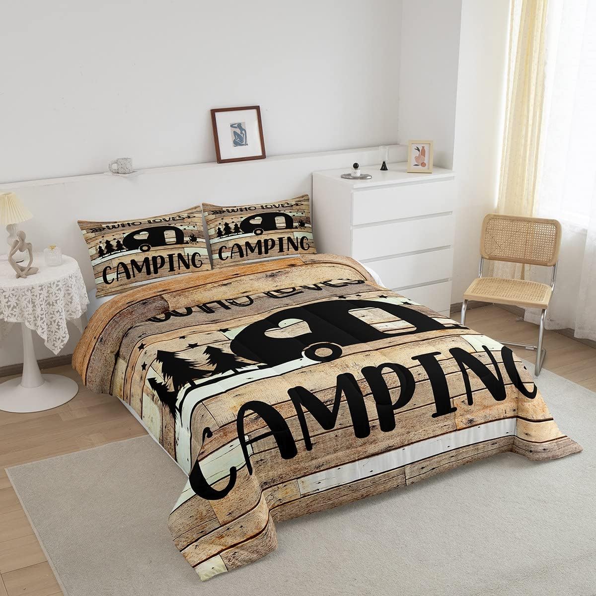 Juego de edredón de caravana de viaje, tamaño Queen, juego de ropa de cama rústica marrón con puerta de granero de 3 piezas para niños, adolescentes